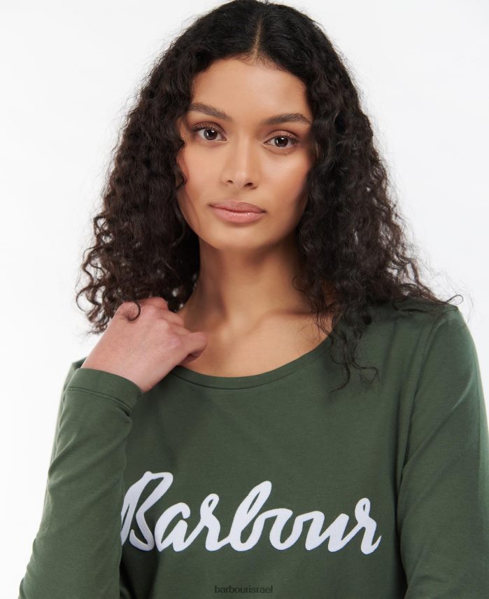 Barbour זית/לבן נשים חולצת טי עם שרוולים ארוכים של otterburn R86Z6X1749 הַלבָּשָׁה